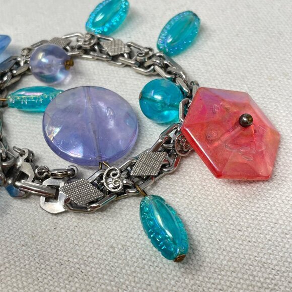 Vintage Bead Charm Bracelet Iridescent Blue Purple Dangle Fun Girly Retro - Picture 3 of 10